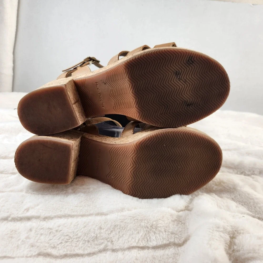 Hush Puppies‎ Womens Tan Leather Cork Platform Wedge Sandals Size 9 Shoe HP61575